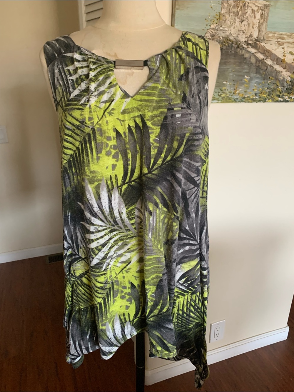 Absolutely Famous 1X Asymmetrical Palm-Print tank top in Lime and Black.